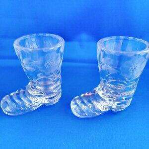 vintage boot shaped glass shot glasses etched with flowers set of 2